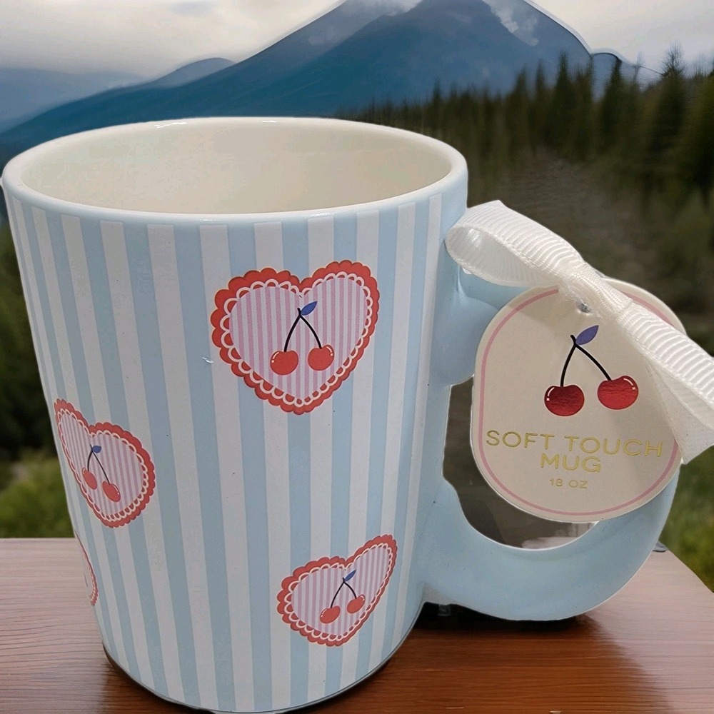 NEW! Cherry Lace‎ Trim Hearts Blue Striped Soft Touch Coffee Mug Sunday Morning